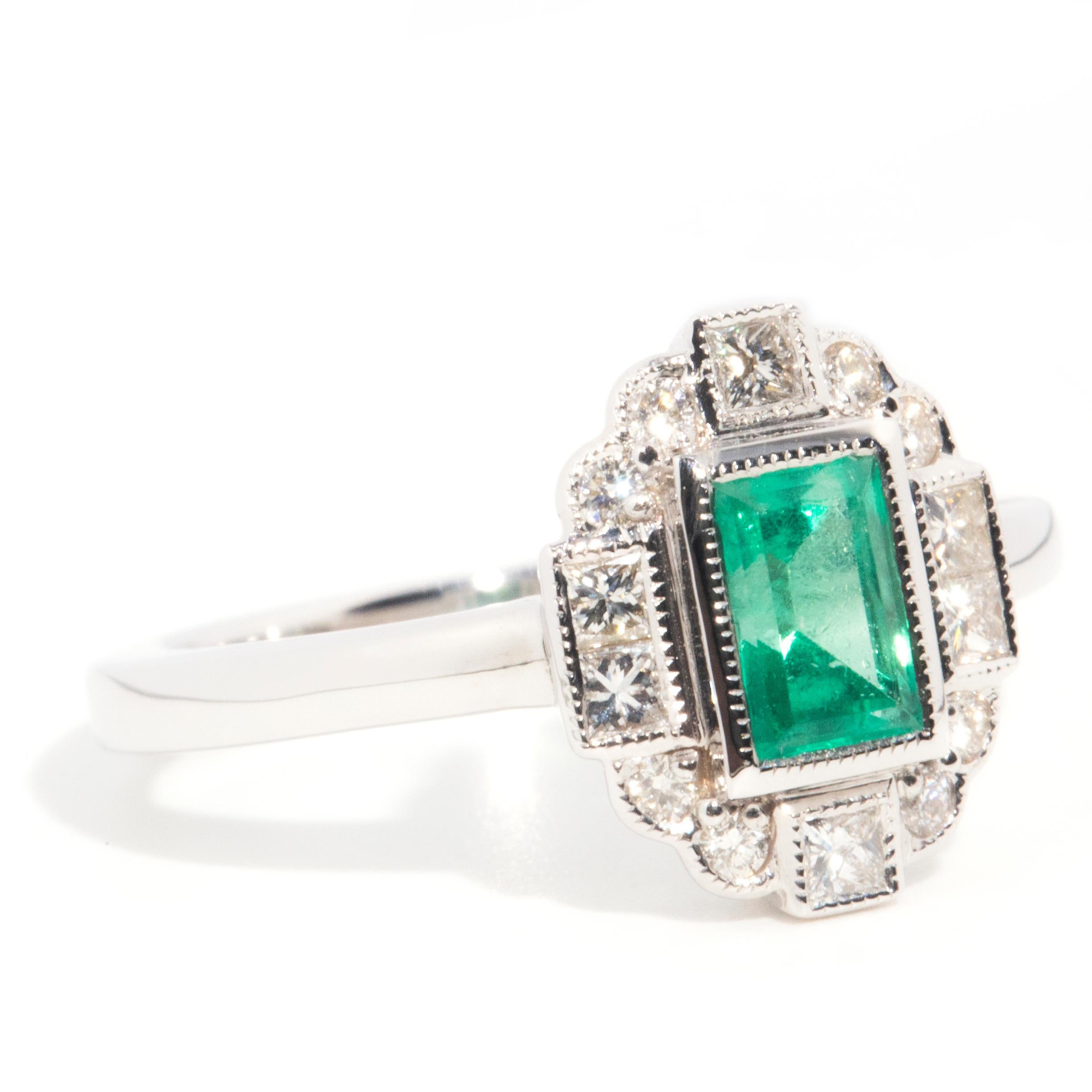 Contemporary Art Deco Inspired 18 Carat Gold Emerald Cut Emerald and Diamond Cluster Ring