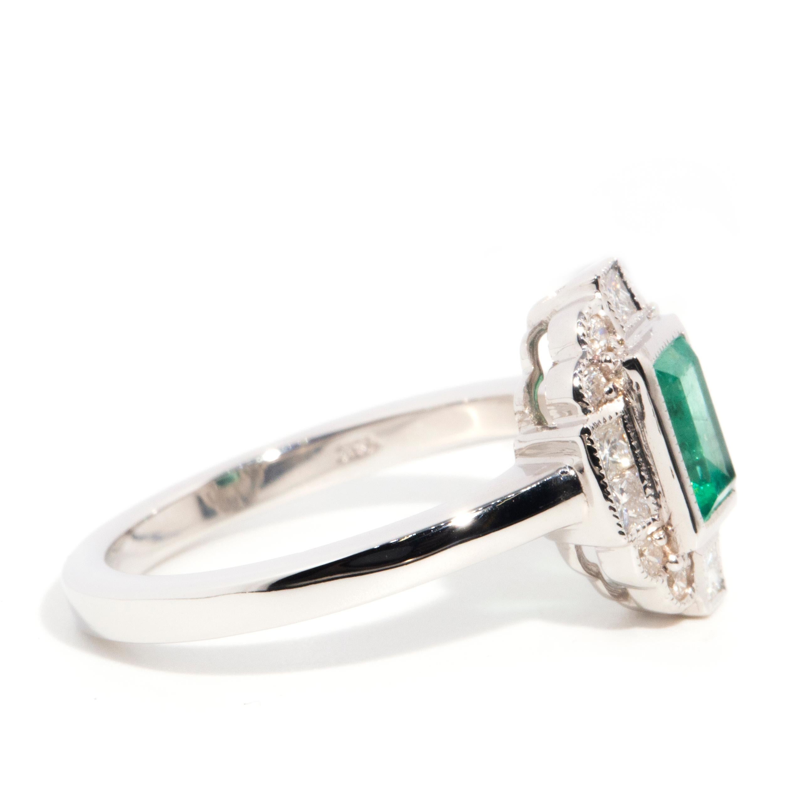 Art Deco Inspired 18 Carat Gold Emerald Cut Emerald and Diamond Cluster Ring In New Condition In Hamilton, AU