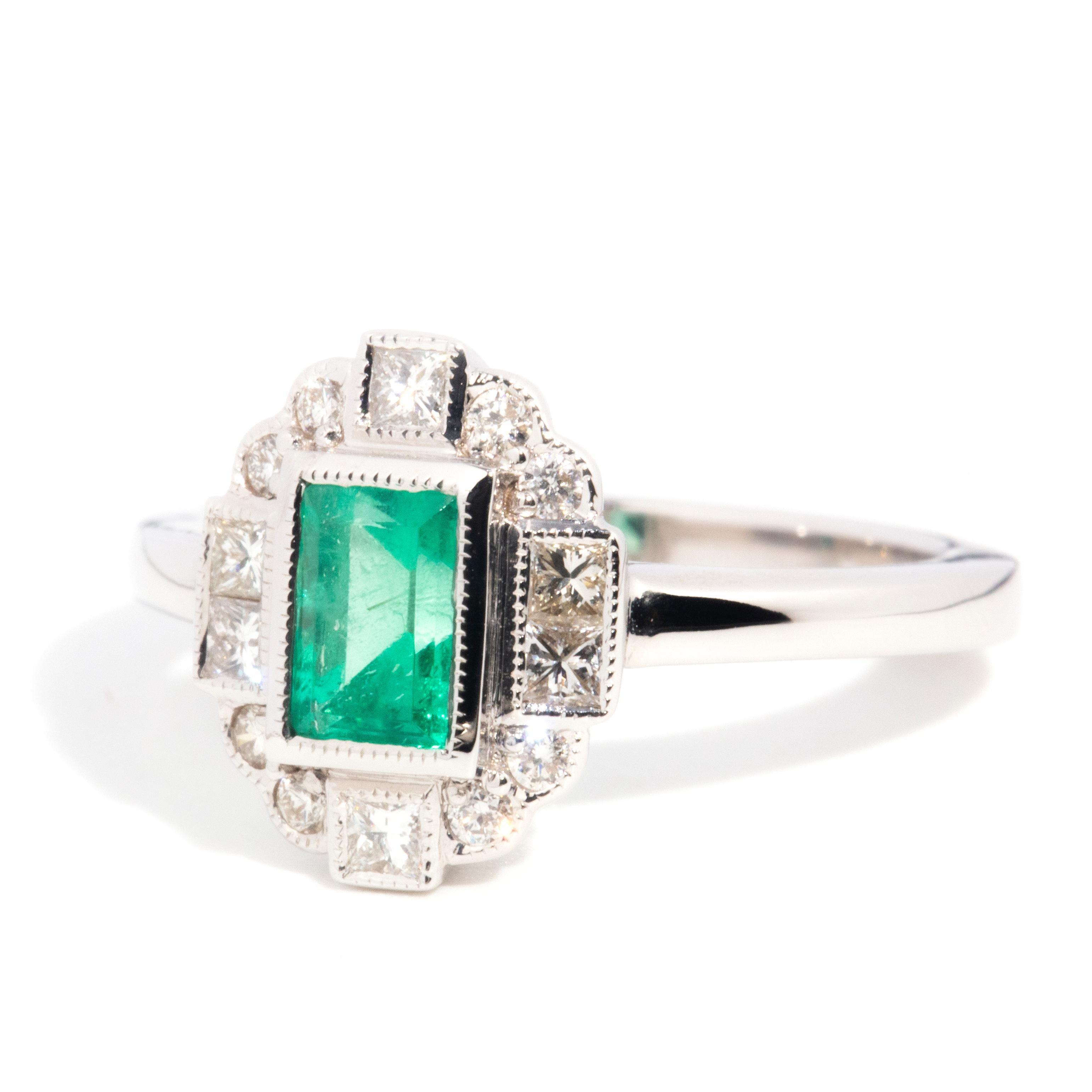 Art Deco Inspired 18 Carat Gold Emerald Cut Emerald and Diamond Cluster Ring 1