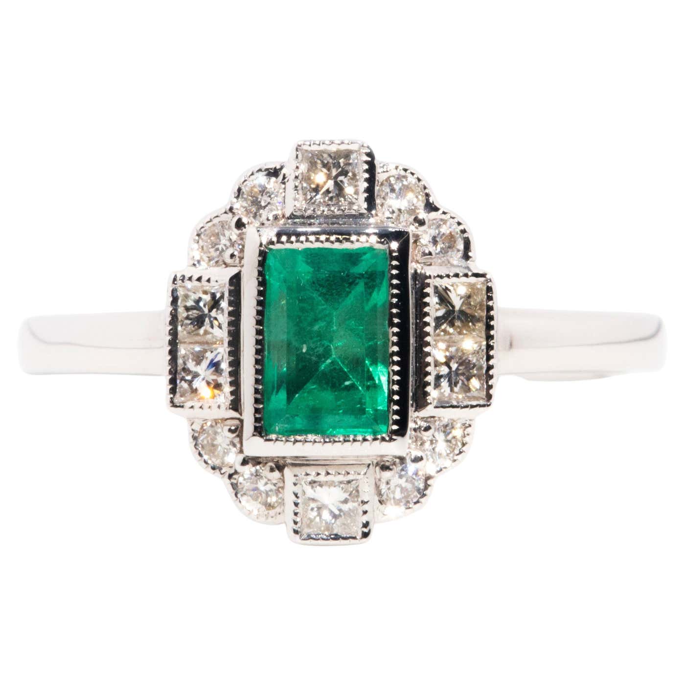 Art Deco Inspired 18 Carat Gold Emerald Cut Emerald and Diamond Cluster ...