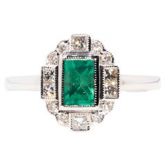 Art Deco Inspired 18 Carat Gold Emerald Cut Emerald and Diamond Cluster Ring