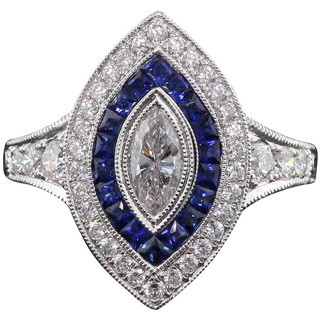 Art Deco Inspired 18 Karat White Gold, Marquise Diamond and Sapphire Ring