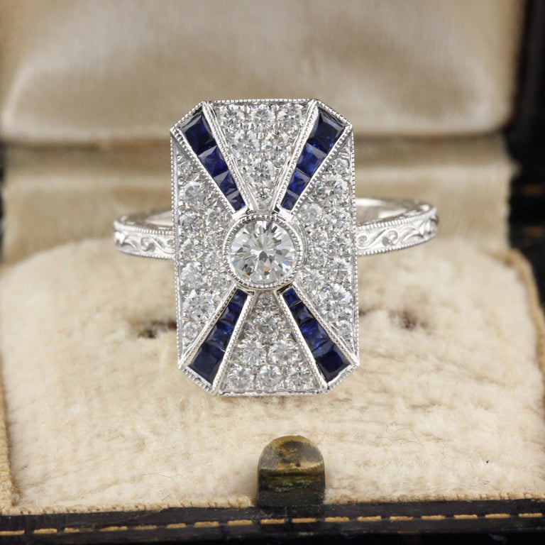 Art Deco Inspired 18 Karat White Gold Sapphire and Diamond Ring For ...