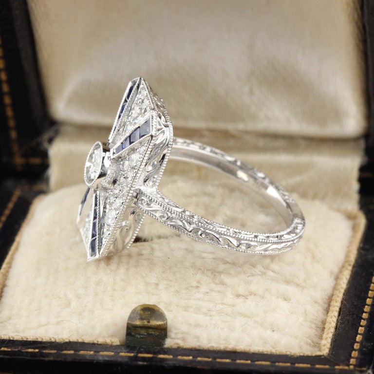 Art Deco Inspired 18 Karat White Gold Sapphire and Diamond Ring For ...
