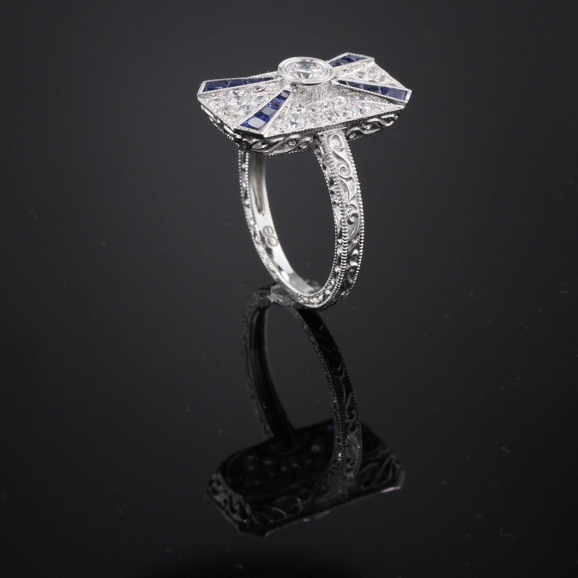 Round Cut Art Deco Inspired 18 Karat White Gold Sapphire and Diamond Ring For Sale