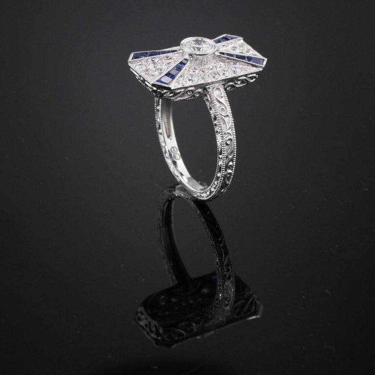 Art Deco Inspired 18 Karat White Gold Sapphire and Diamond Ring For ...