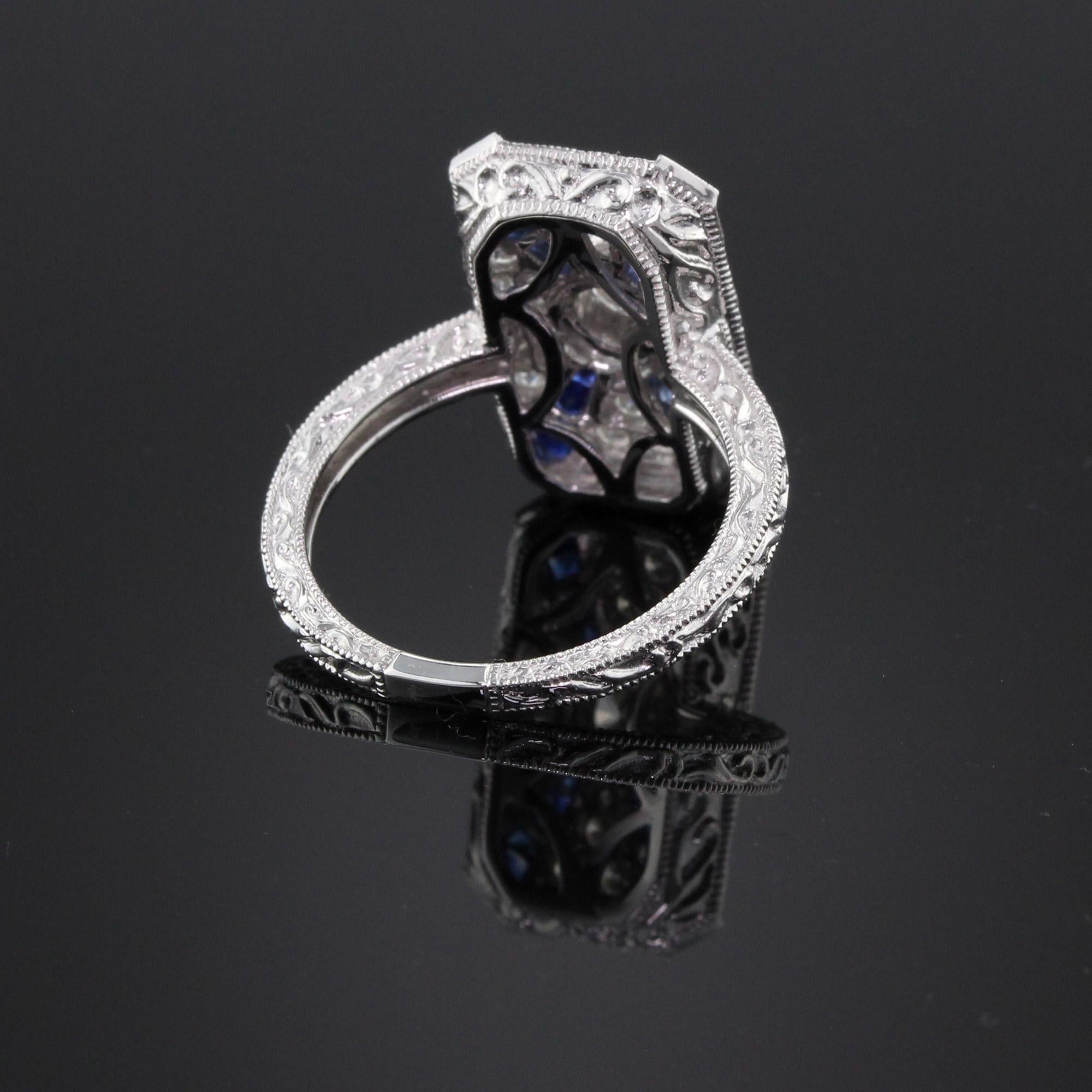 Art Deco Inspired 18 Karat White Gold Sapphire and Diamond Ring In Good Condition For Sale In Great Neck, NY