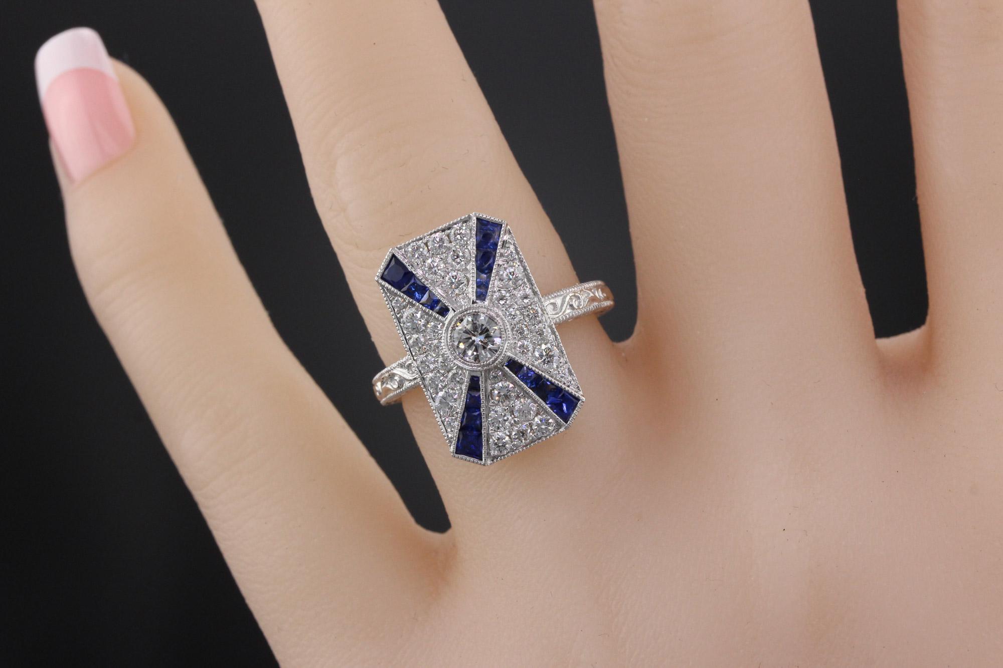 Women's or Men's Art Deco Inspired 18 Karat White Gold Sapphire and Diamond Ring For Sale