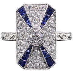 Art Deco Inspired 18 Karat White Gold Sapphire and Diamond Ring