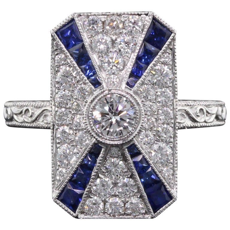 Art Deco Inspired 18 Karat White Gold Sapphire and Diamond Ring For ...