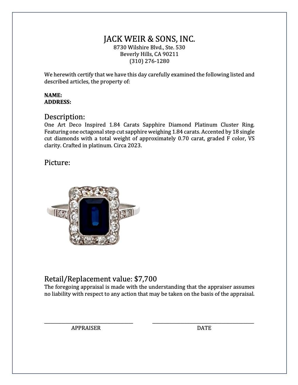 Art Deco Inspired 1.84 Carats Sapphire Diamond Platinum Cluster Ring For Sale 2
