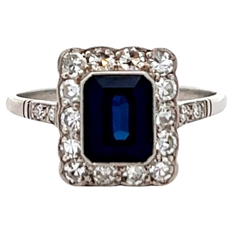 Art Deco Inspired 1.84 Carats Sapphire Diamond Platinum Cluster Ring For Sale