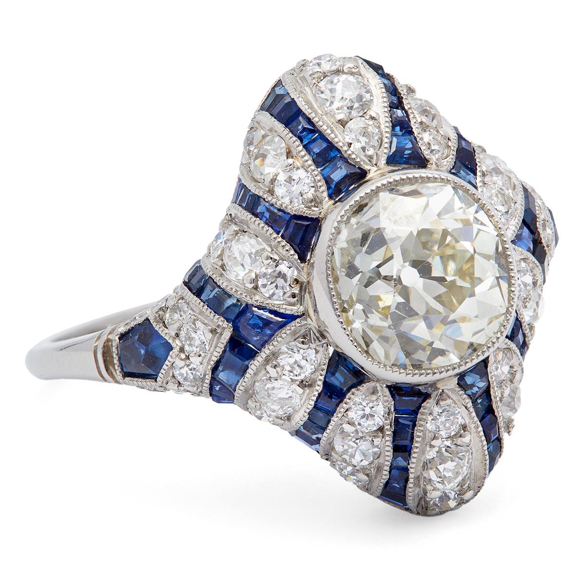 Women's or Men's Art Deco Inspired 1.86 Carat Diamond and Sapphire Platinum Ring For Sale