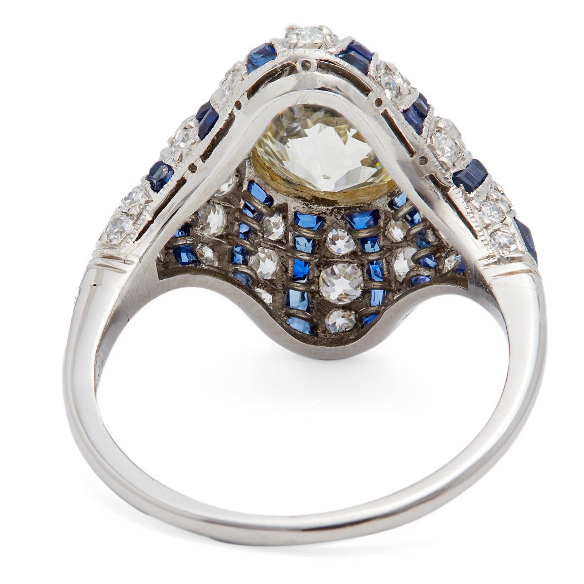 Art Deco Inspired 1.86 Carat Diamond and Sapphire Platinum Ring For Sale 1