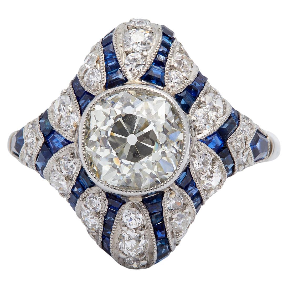 Art Deco Inspired 1.86 Carat Diamond and Sapphire Platinum Ring For Sale
