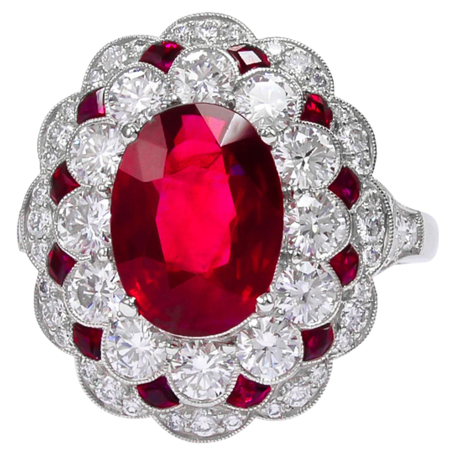 Sophia D. Art Deco Inspired 1.88 Carat Oval Ruby and Diamond Platinum Ring For Sale