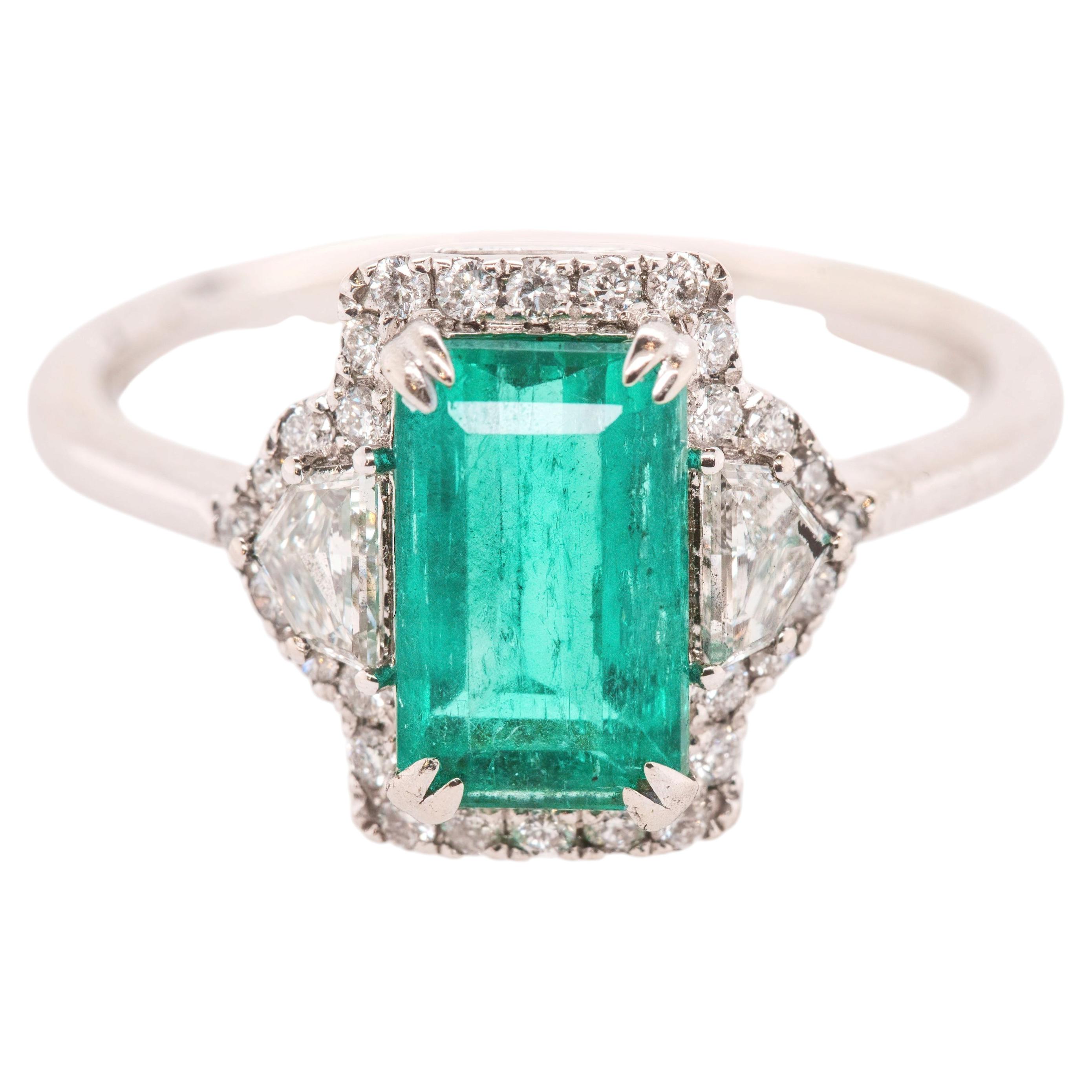 Art Deco-inspired 1.56 Carat Emerald and Diamond Cocktail Ring in 18K White Gold
