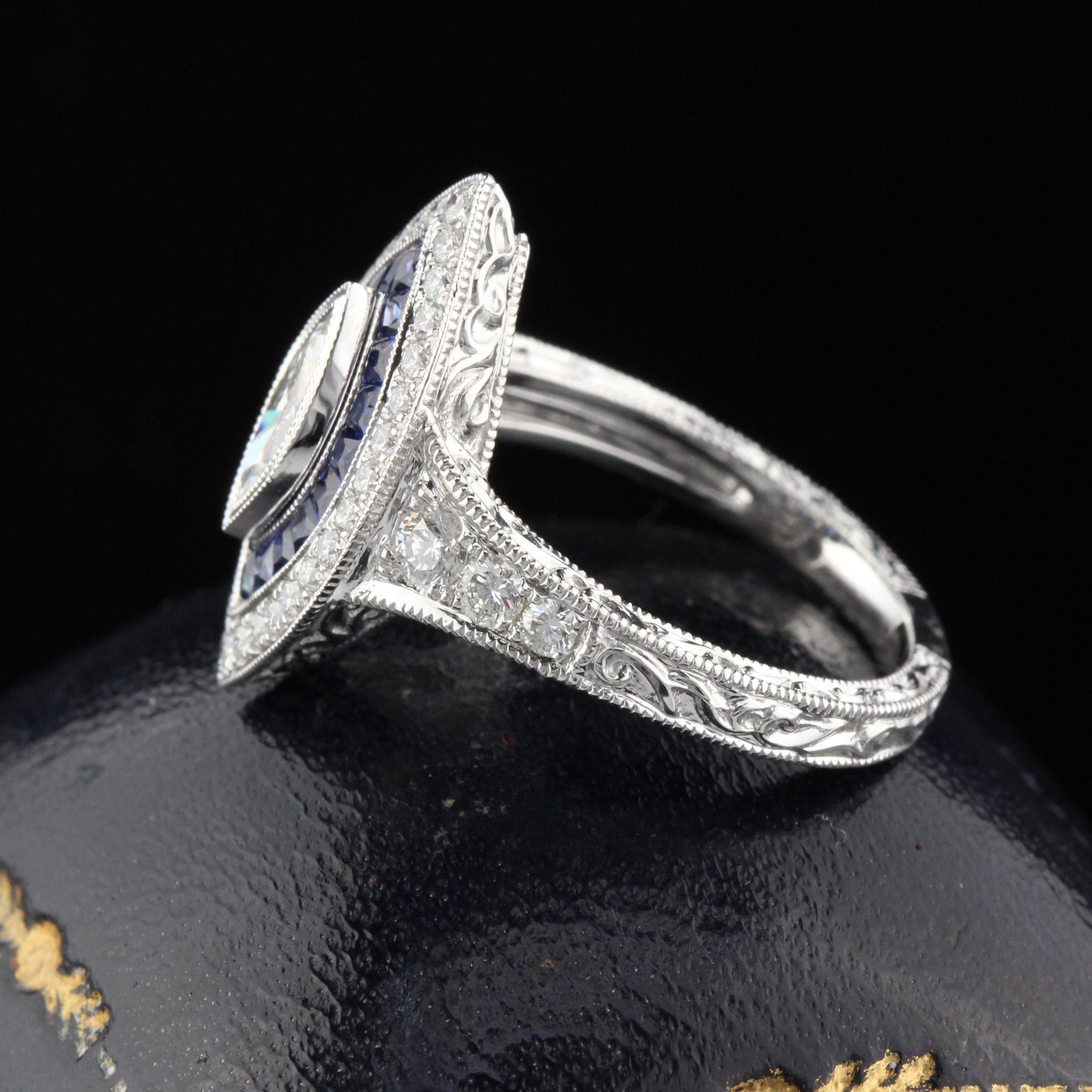 Contemporary Art Deco Inspired 18 Karat White Gold, Marquise Diamond and Sapphire Ring