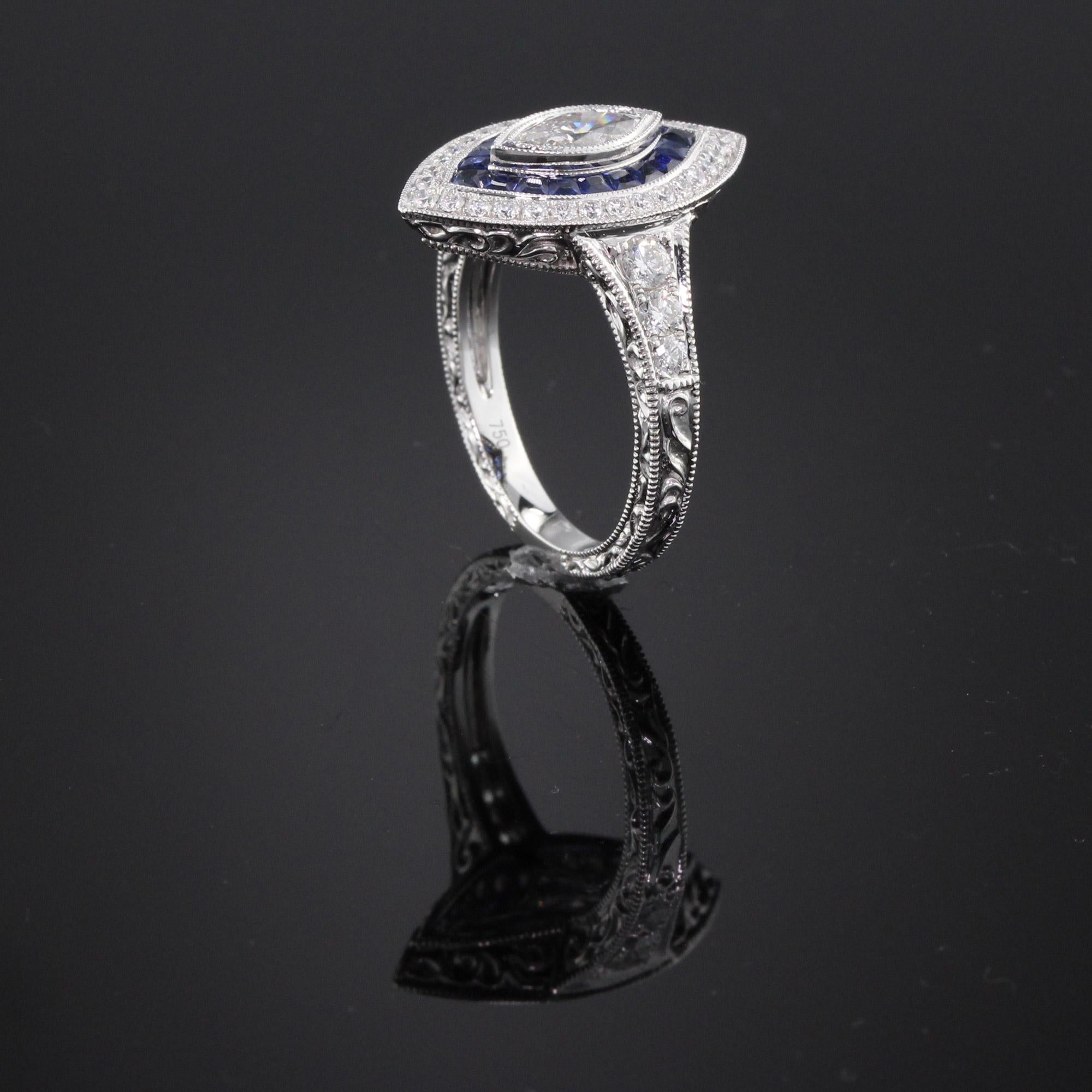 Marquise Cut Art Deco Inspired 18 Karat White Gold, Marquise Diamond and Sapphire Ring