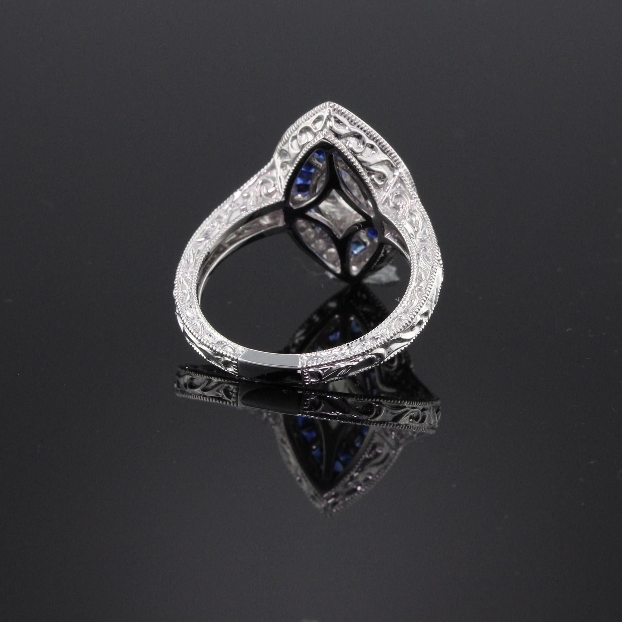 Art Deco Inspired 18 Karat White Gold, Marquise Diamond and Sapphire Ring In Good Condition In Great Neck, NY