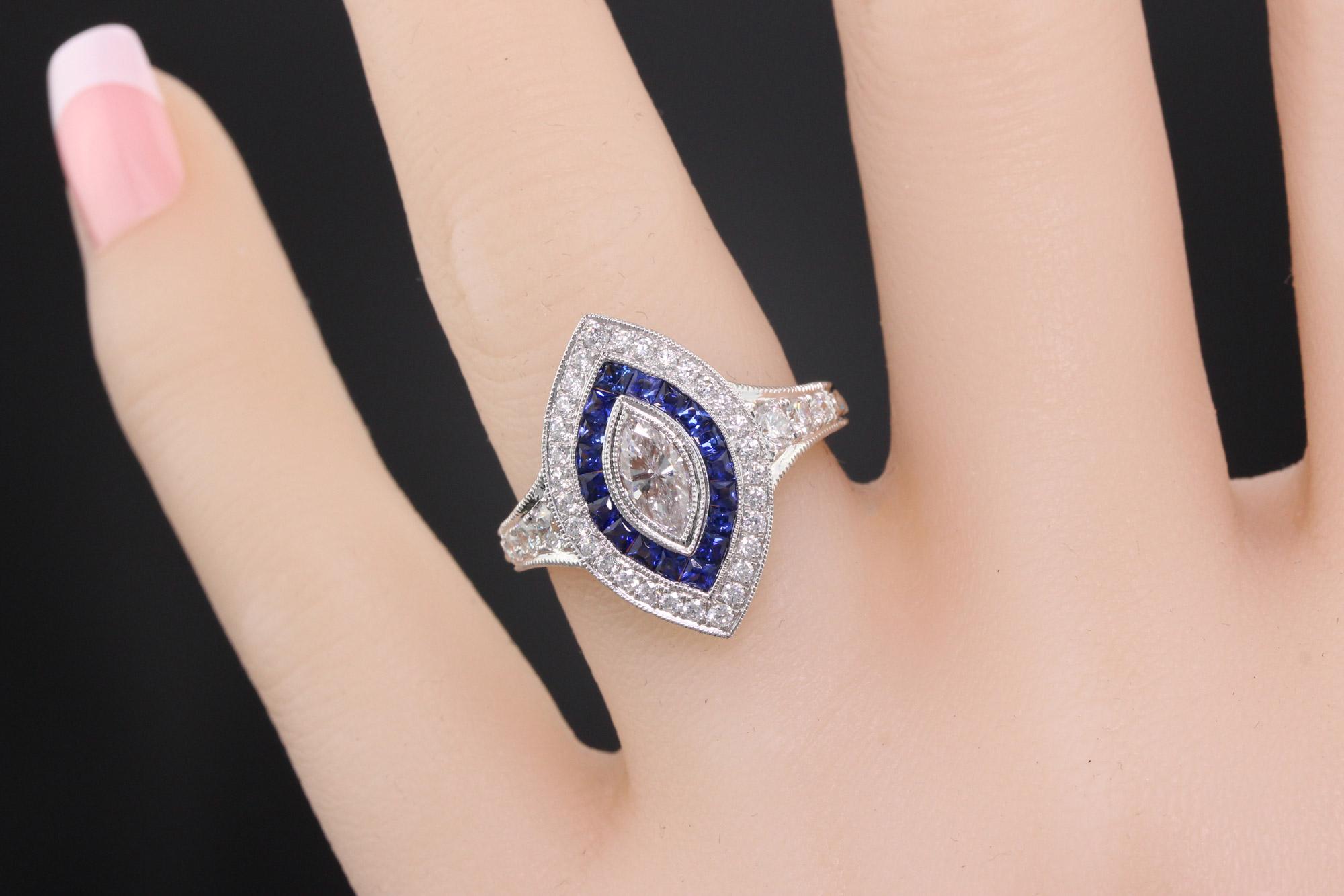 Women's Art Deco Inspired 18 Karat White Gold, Marquise Diamond and Sapphire Ring