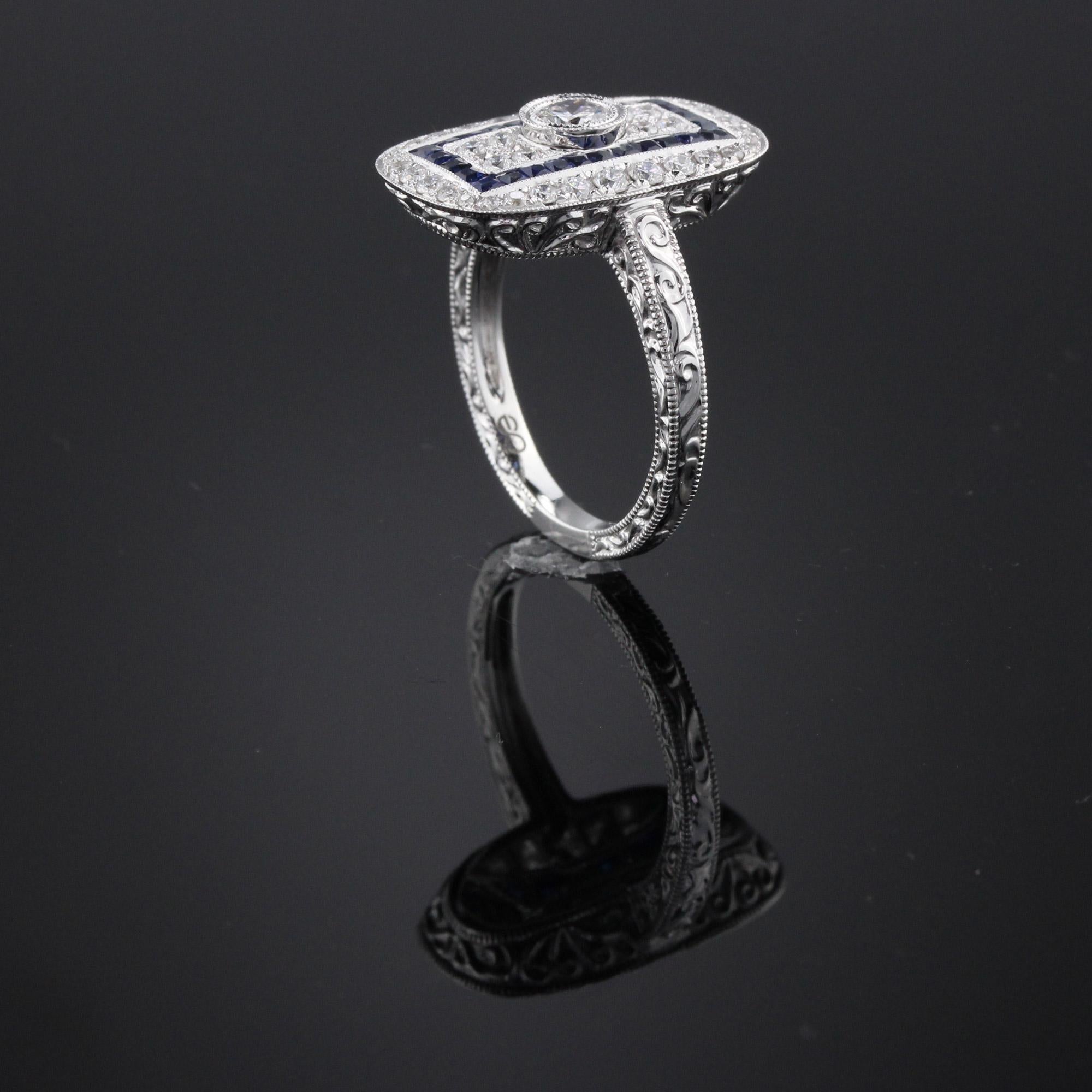 Round Cut Art Deco Inspired 18 Karat White Gold Sapphire and Diamond Ring