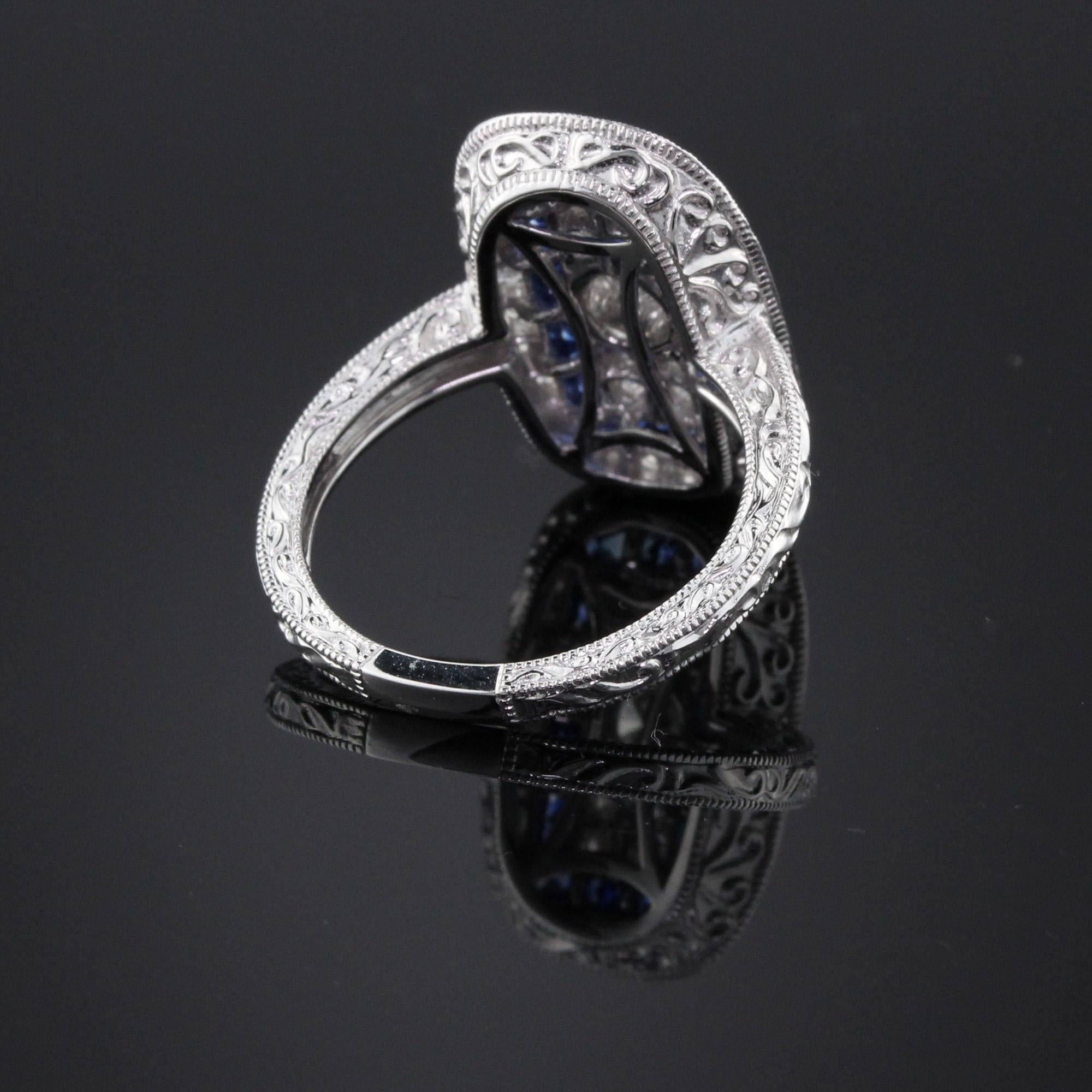 Art Deco Inspired 18 Karat White Gold Sapphire and Diamond Ring In Good Condition In Great Neck, NY