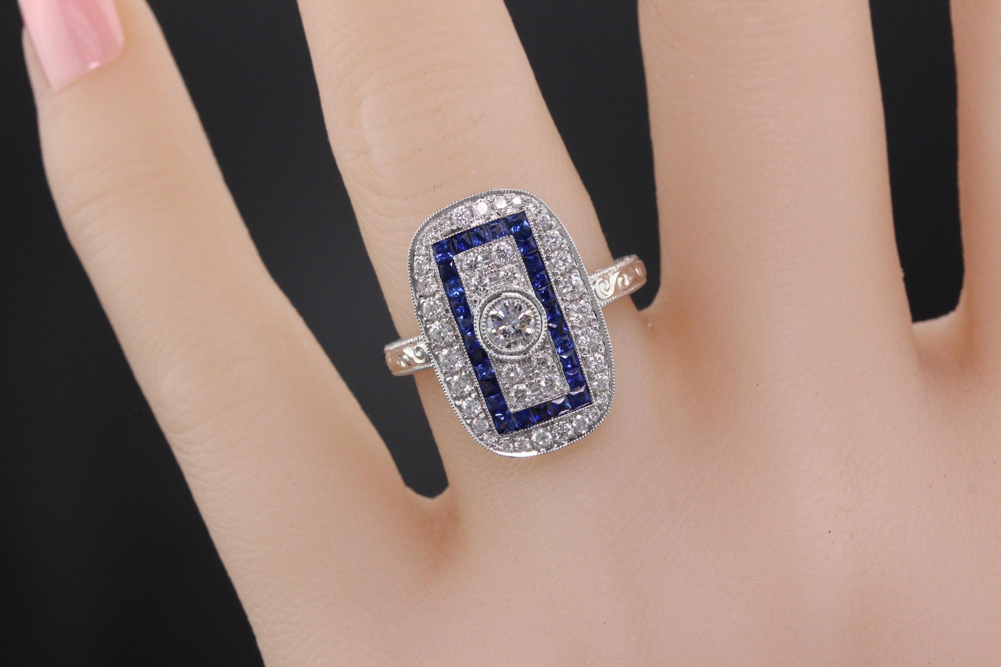 Women's or Men's Art Deco Inspired 18 Karat White Gold Sapphire and Diamond Ring