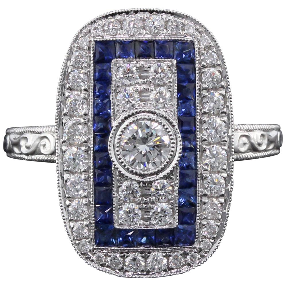 Art Deco Inspired 18 Karat White Gold Sapphire and Diamond Ring