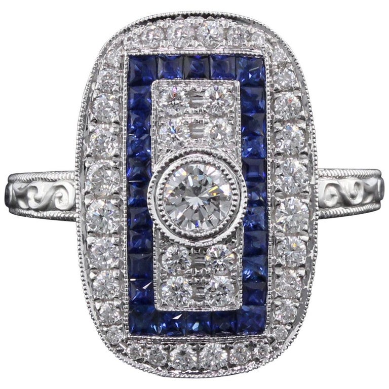 Art Deco Inspired 18 Karat White Gold Sapphire and Diamond Ring at 1stDibs