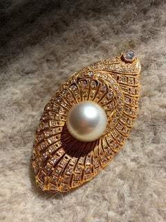 Art Deco Inspired 18K Yellow Gold Diamond and South Sea Pearl Brooch