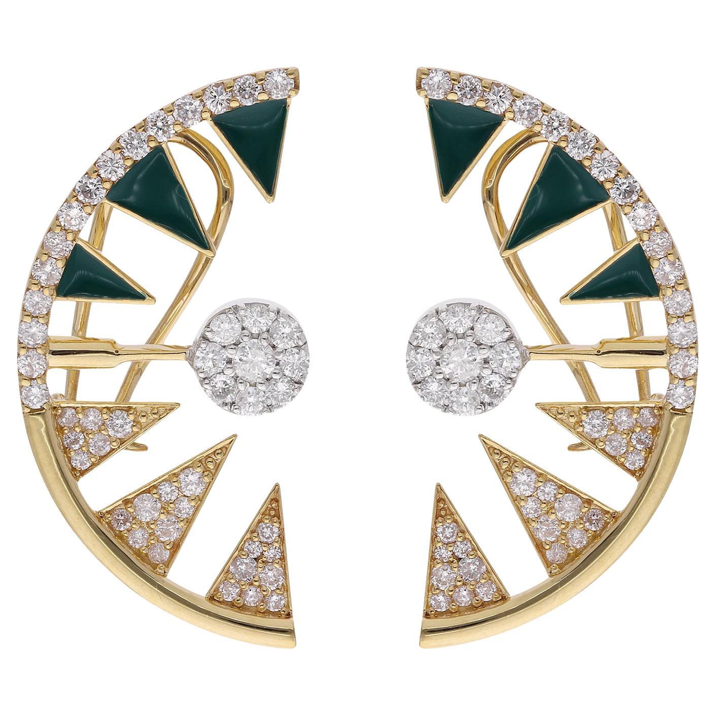 Art Deco Inspired 1.91Ct Diamond Black Enamel Ear Cuff Earrings 18K Yellow Gold