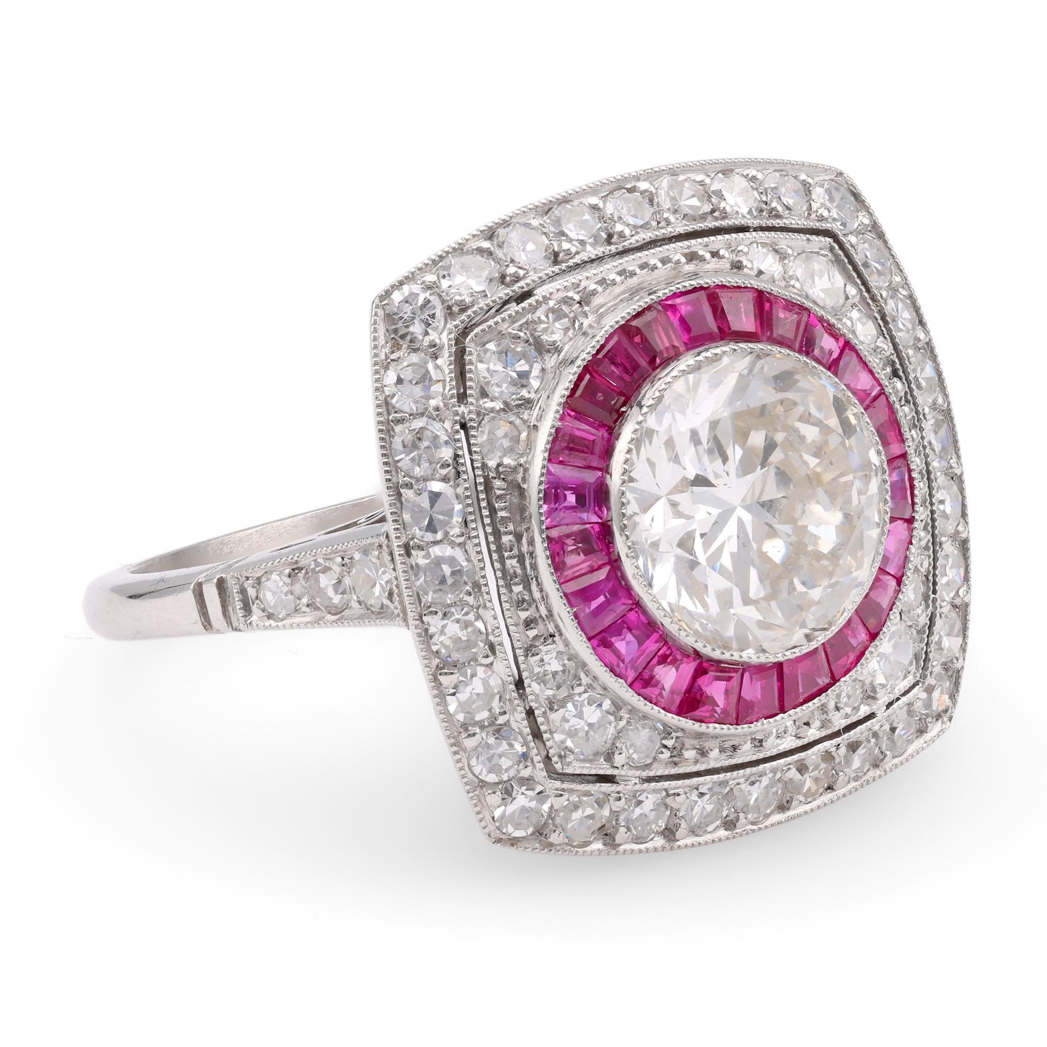 Brilliant Cut Art Deco Inspired 1.94 Carat Diamond Ruby Platinum Halo Ring For Sale