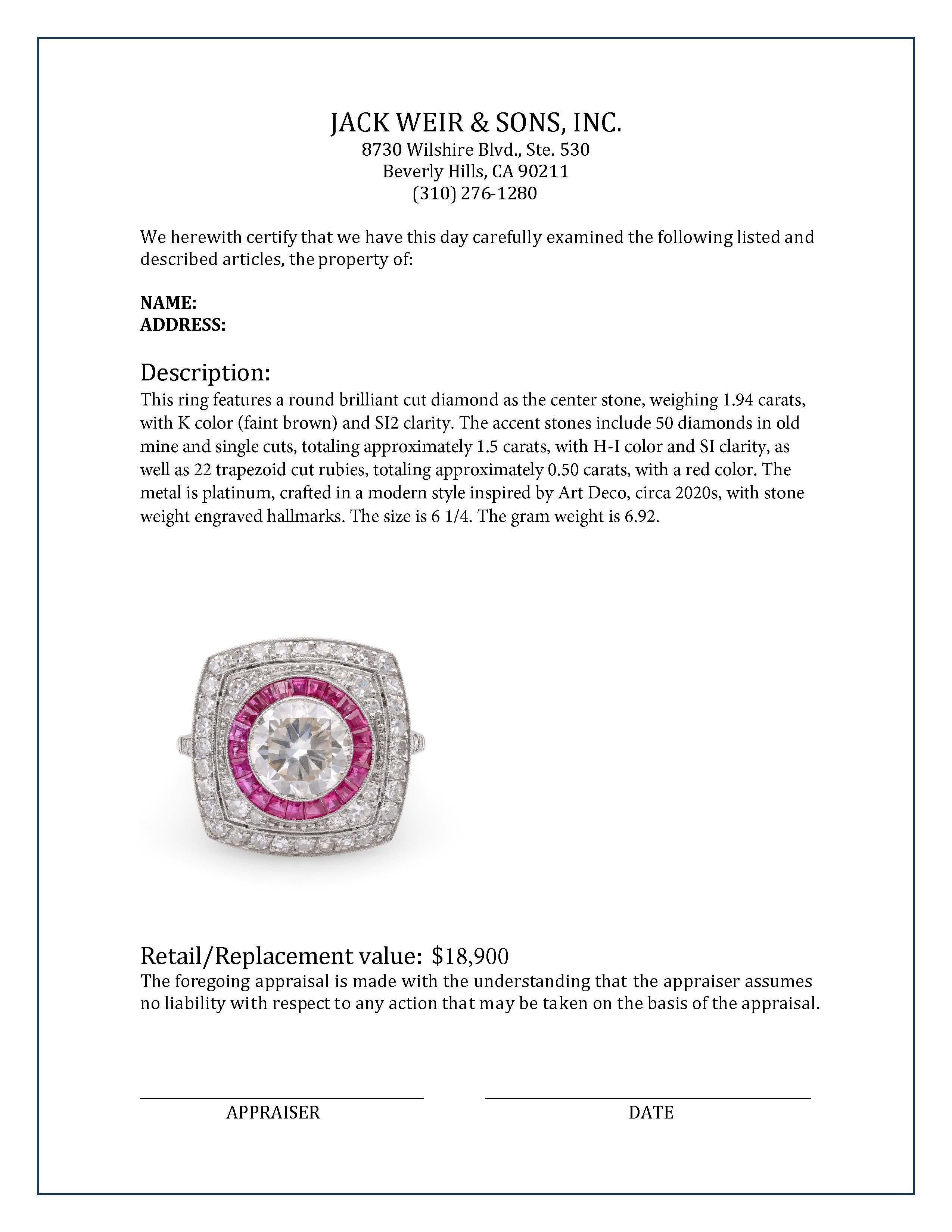 Art Deco Inspired 1.94 Carat Diamond Ruby Platinum Halo Ring In Excellent Condition For Sale In Beverly Hills, CA