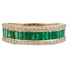 Art Deco Inspired 1ct Emerald & Diamond Eternity Band Ring in 14K Gold Stackable