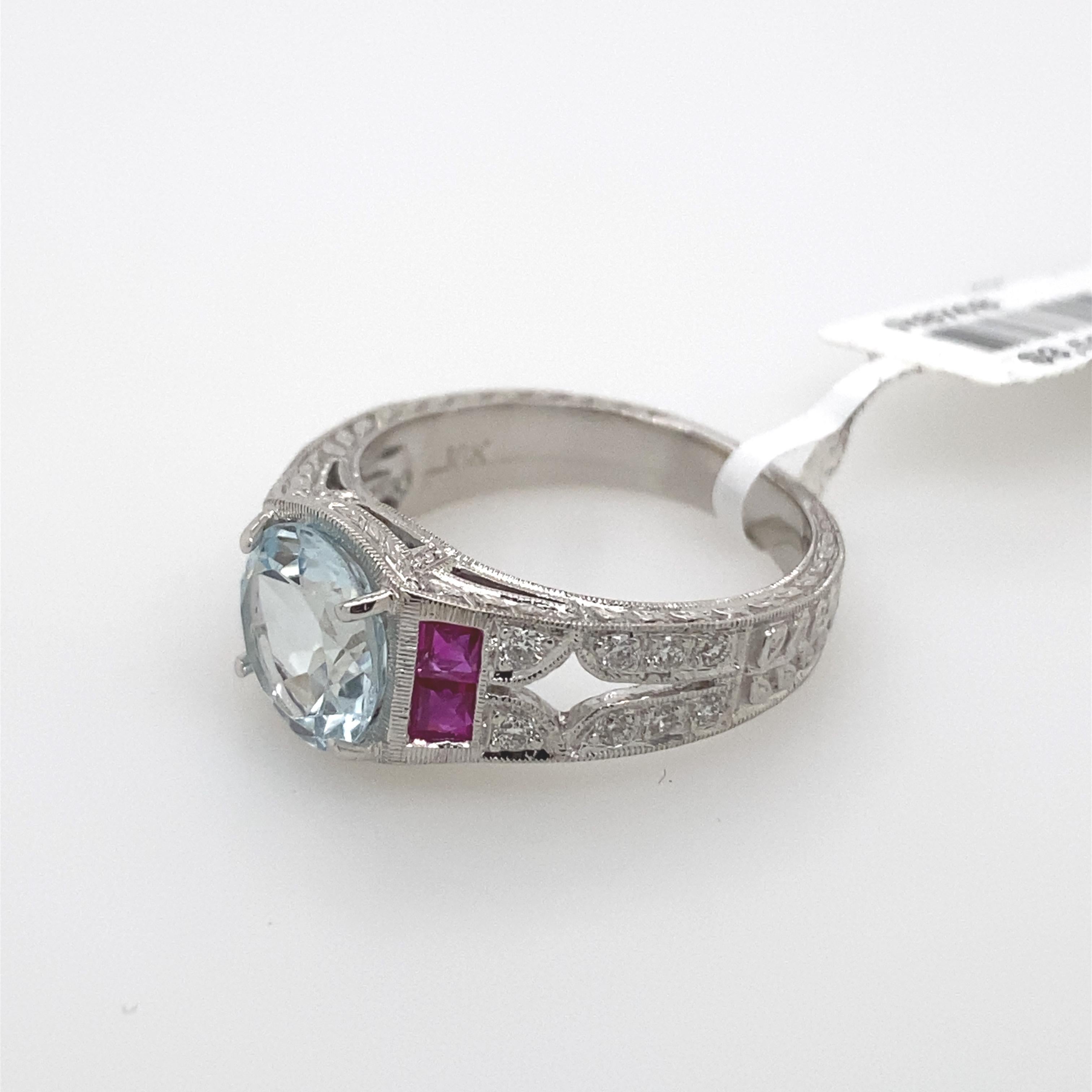 Round Cut Art Deco Inspired 2 Carat Aquamarine, Ruby, and Diamond Ring 18 Karat White Gold