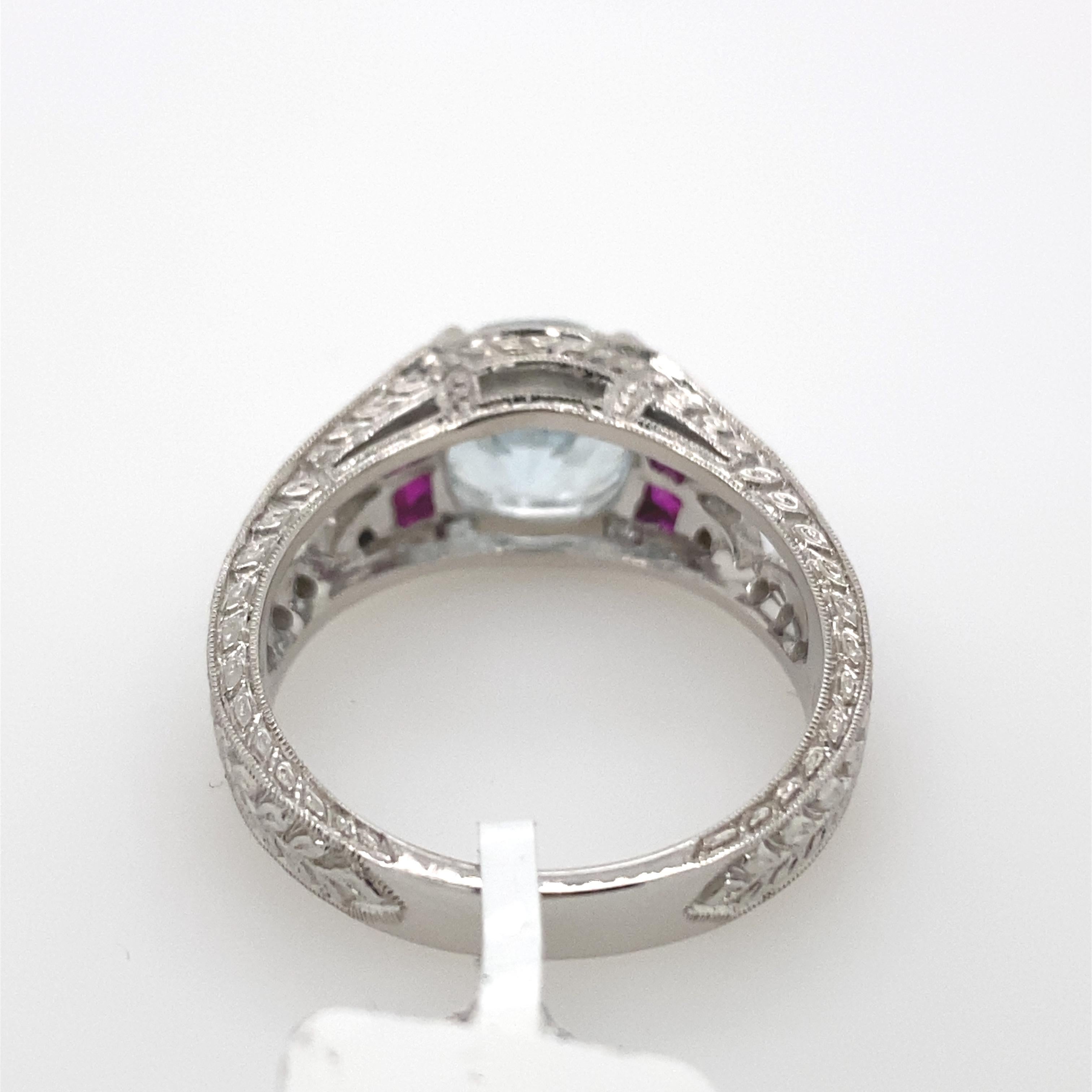 Art Deco Inspired 2 Carat Aquamarine, Ruby, and Diamond Ring 18 Karat White Gold In New Condition In BEVERLY HILLS, CA