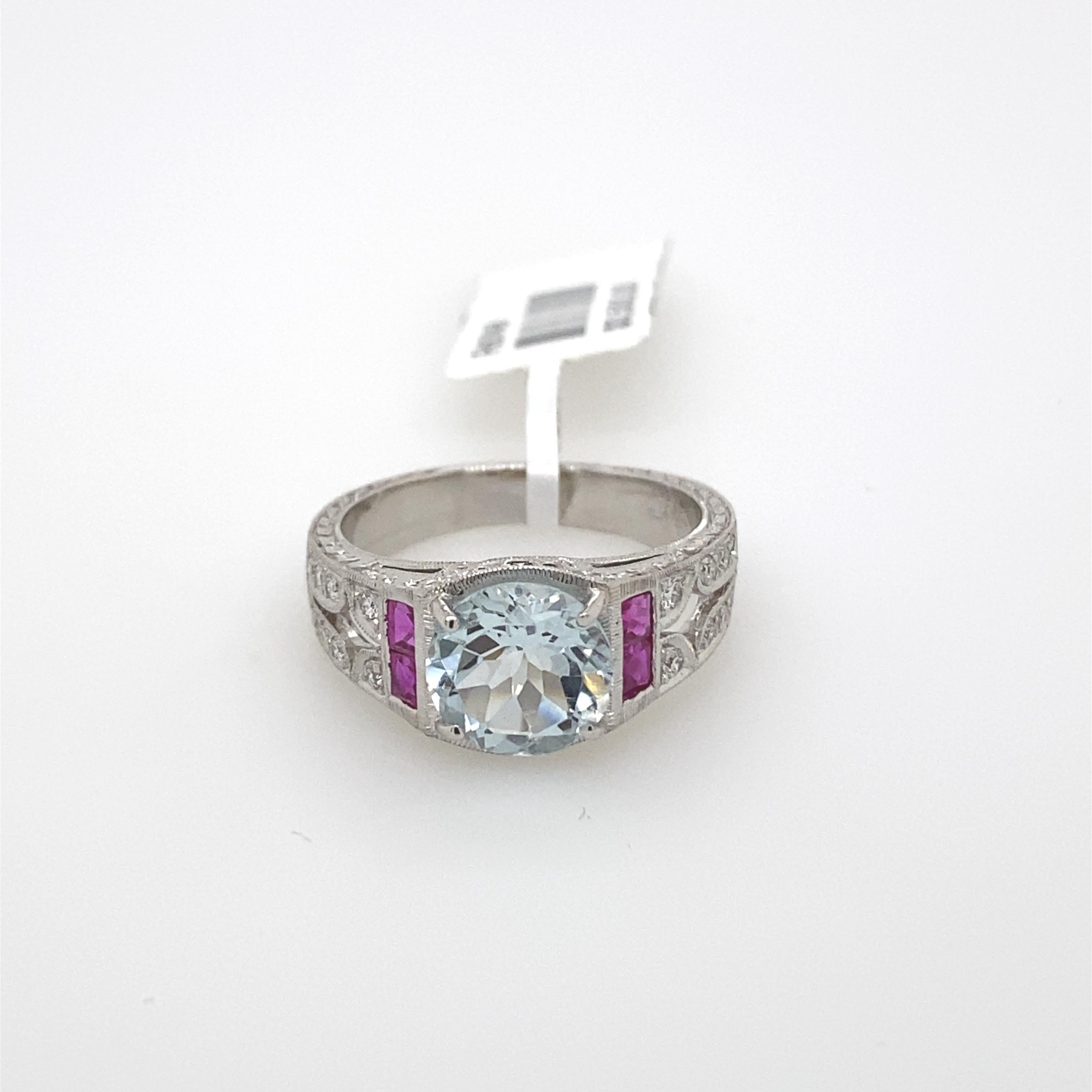 Women's Art Deco Inspired 2 Carat Aquamarine, Ruby, and Diamond Ring 18 Karat White Gold