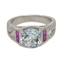 Antique Art Deco Inspired 2 Carat Aquamarine, Ruby, and Diamond Ring 18 Karat White Gold