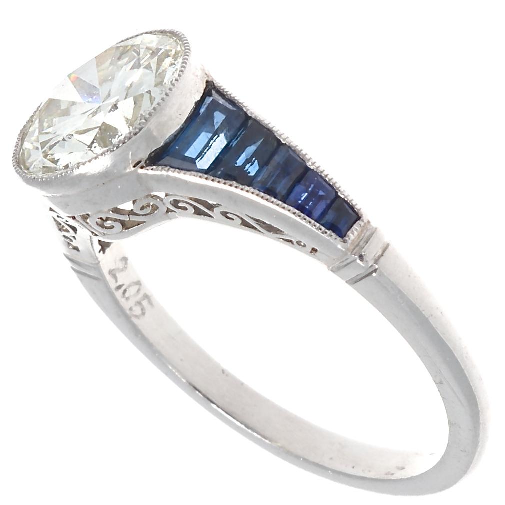 Art Deco Inspired 2 Carat Old European Cut Diamond Sapphire Engagement Ring In New Condition In Beverly Hills, CA