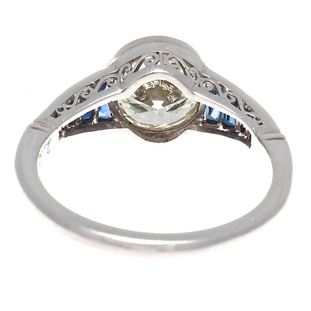 Women's Art Deco Inspired 2 Carat Old European Cut Diamond Sapphire Engagement Ring