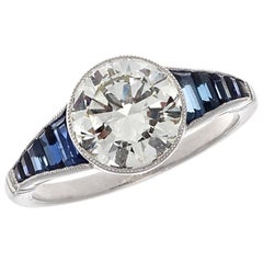 Art Deco Inspired 2 Carat Old European Cut Diamond Sapphire Engagement Ring