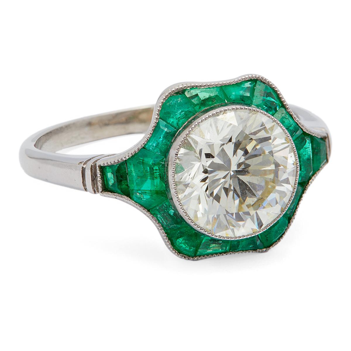 Art Deco Inspired 2.09 Carat Round Brilliant Cut Diamond Emerald Platinum Ring In Excellent Condition For Sale In Beverly Hills, CA