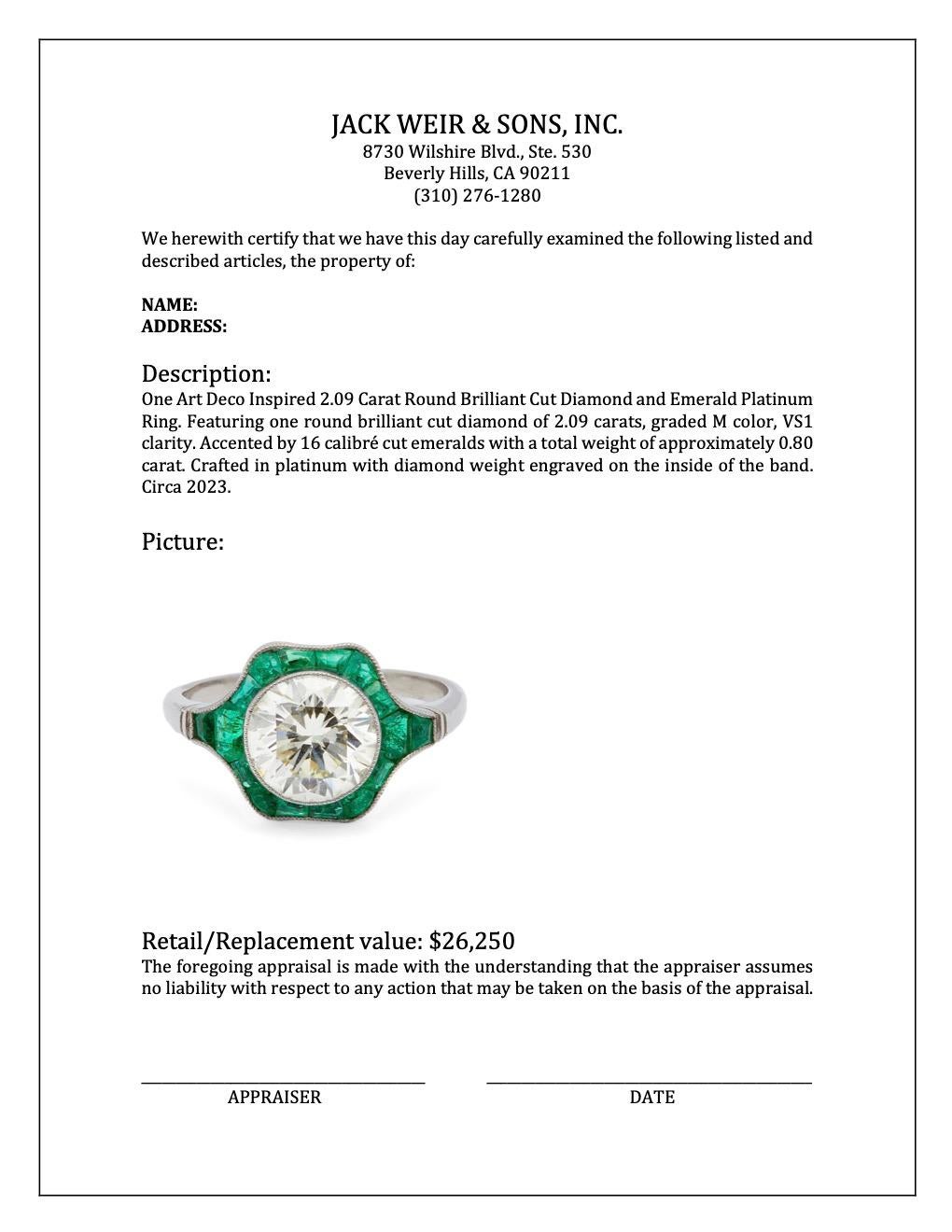 Art Deco Inspired 2.09 Carat Round Brilliant Cut Diamond Emerald Platinum Ring For Sale 1
