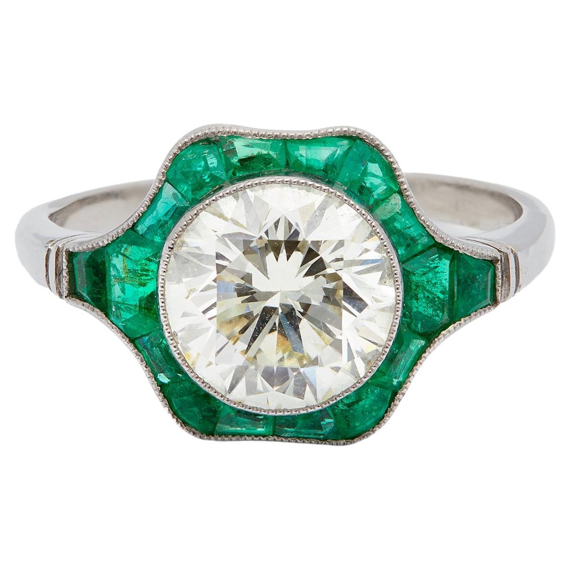 Art Deco Inspired 2.09 Carat Round Brilliant Cut Diamond Emerald Platinum Ring For Sale