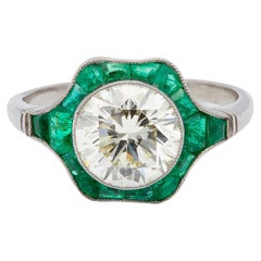 Used Art Deco Inspired 2.09 Carat Round Brilliant Cut Diamond Emerald Platinum Ring