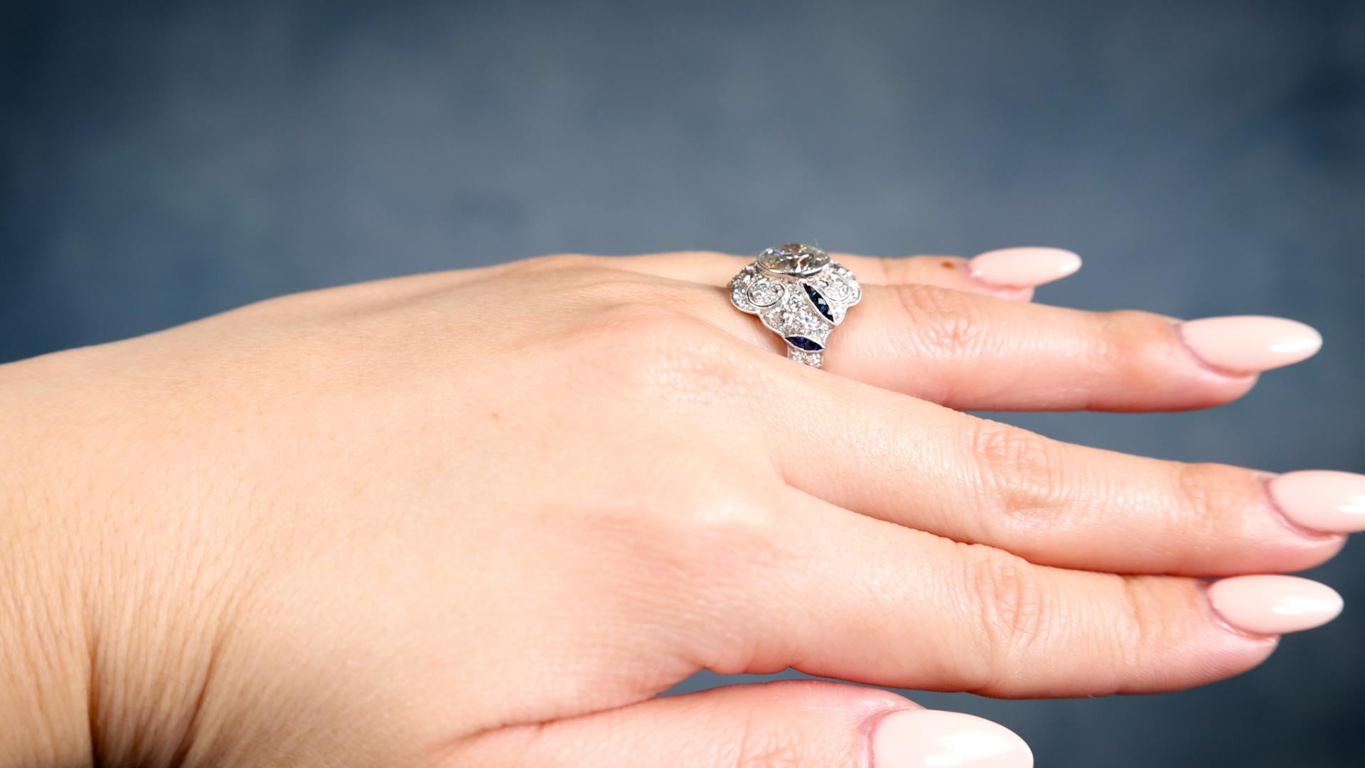 Women's or Men's Art Deco Inspired 2.11 Carat Old European Cut Diamond Sapphire Platinum Ring For Sale