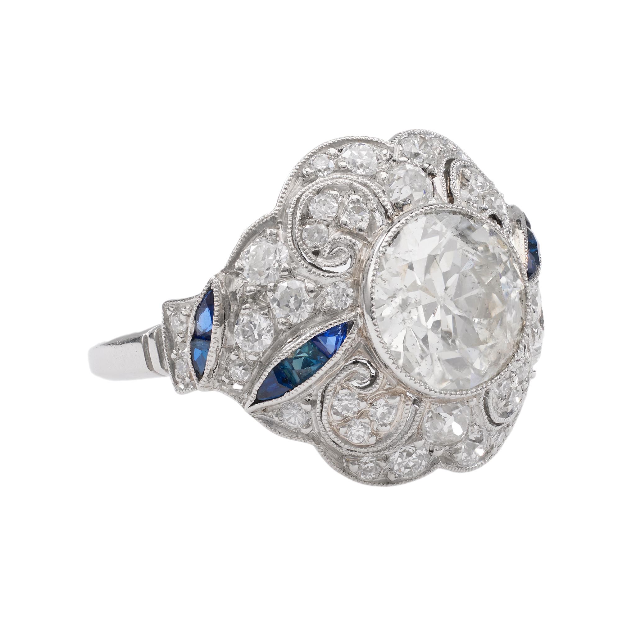 Art Deco Inspired 2.11 Carat Old European Cut Diamond Sapphire Platinum Ring For Sale 1
