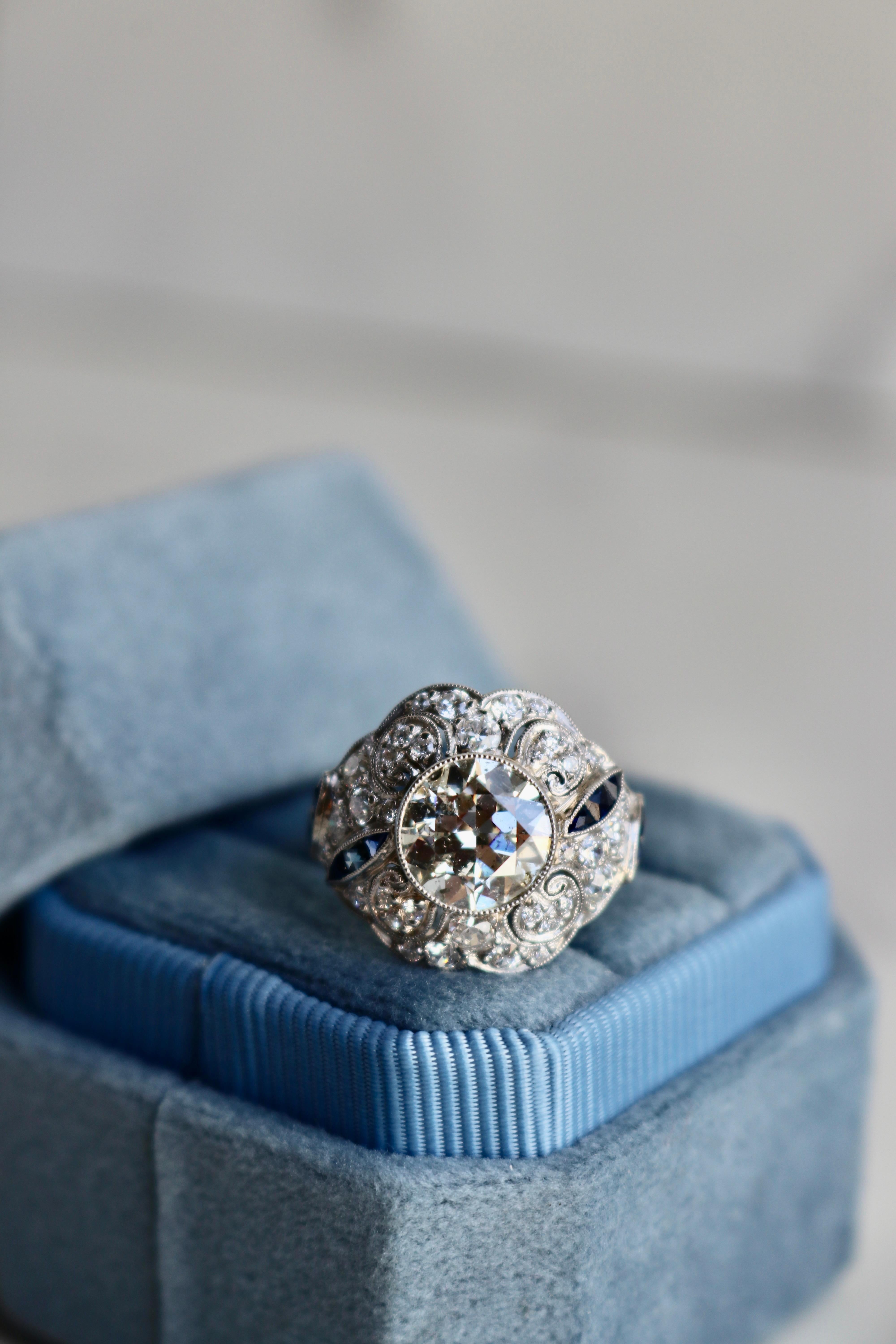 Art Deco Inspired 2.11 Carat Old European Cut Diamond Sapphire Platinum Ring For Sale 2