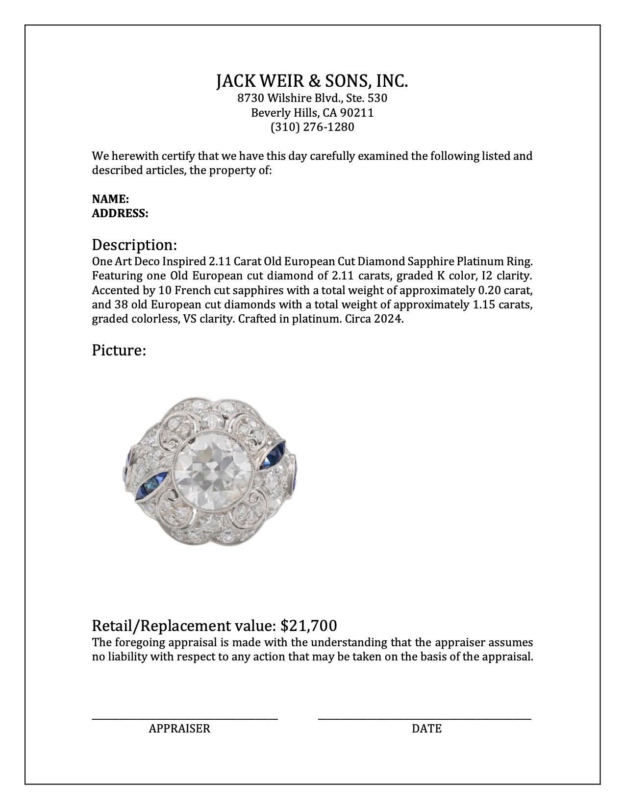 Art Deco Inspired 2.11 Carat Old European Cut Diamond Sapphire Platinum Ring For Sale 3